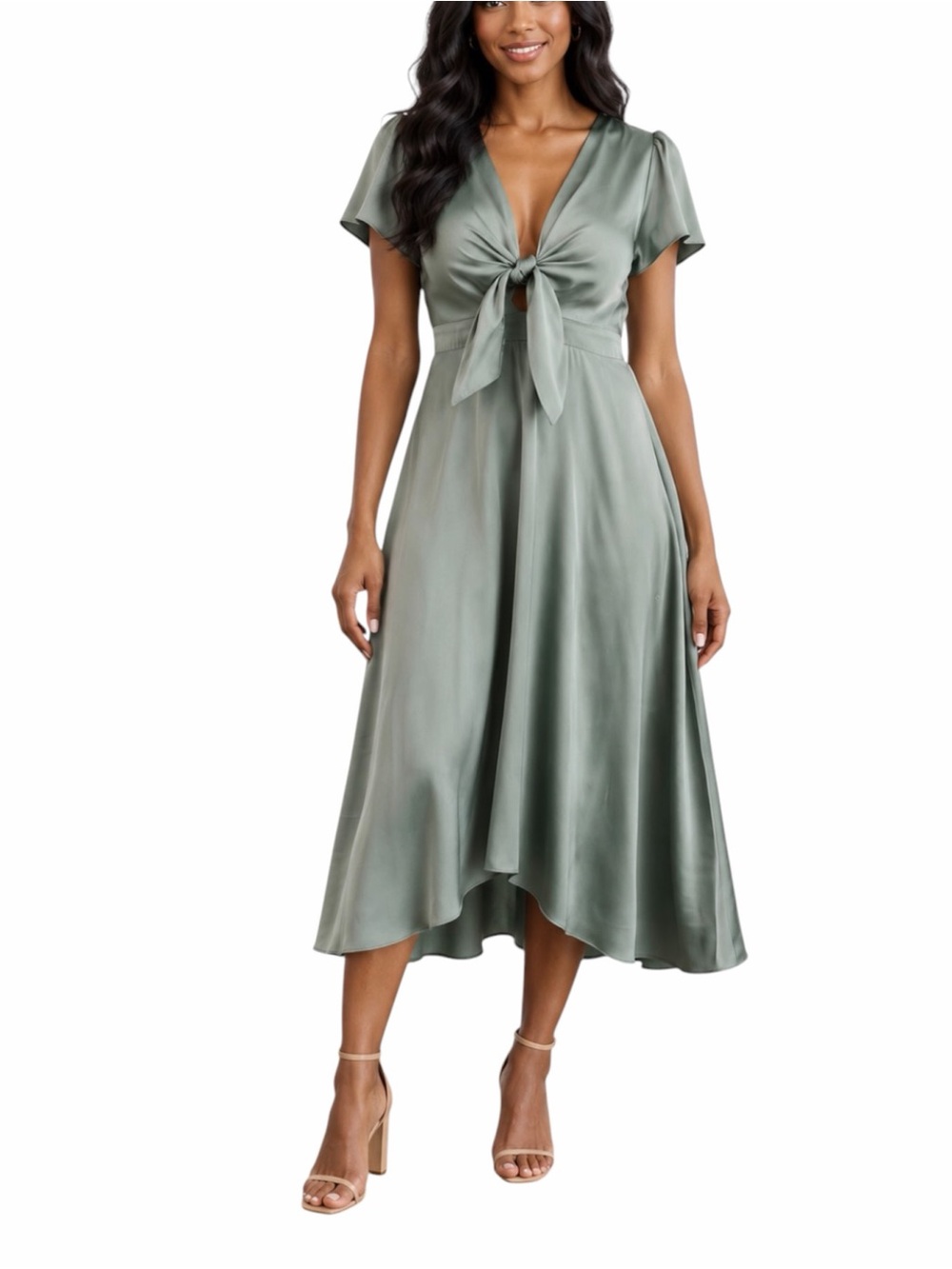 Baltic Born Poppy Satin Midi Dress Size L Tie Front Eucalyptus Green NWT Sage